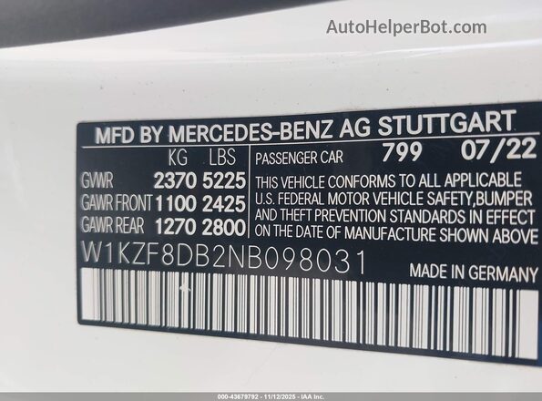 W1KZF8DB2NB098031 2022 MERCEDES-BENZ E-CLASS White Widok komory silnika