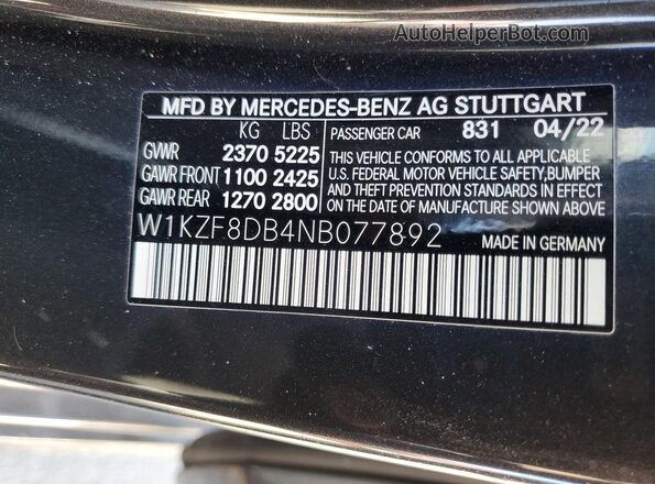 W1KZF8DB4NB077892 2022 MERCEDES-BENZ E Black VIN კოდის სტიკერის ხედი