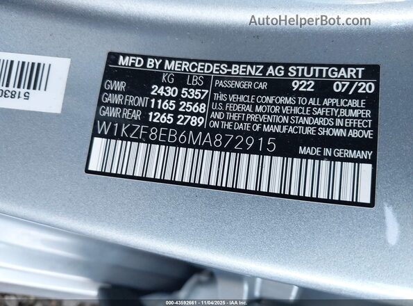 W1KZF8EB6MA872915 2021 MERCEDES-BENZ E-CLASS Silver Вид підкапотного простору