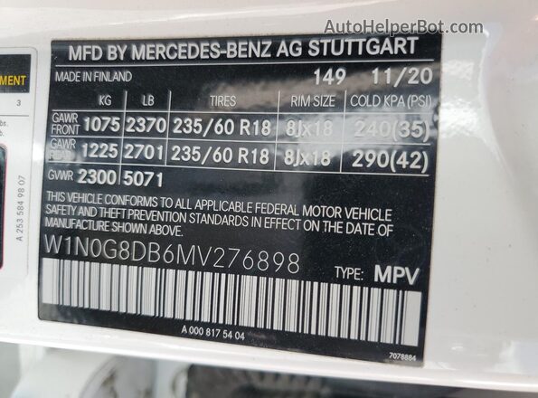 W1N0G8DB6MV276898 2021 MERCEDES-BENZ GLC-CLASS White VIN sticker view