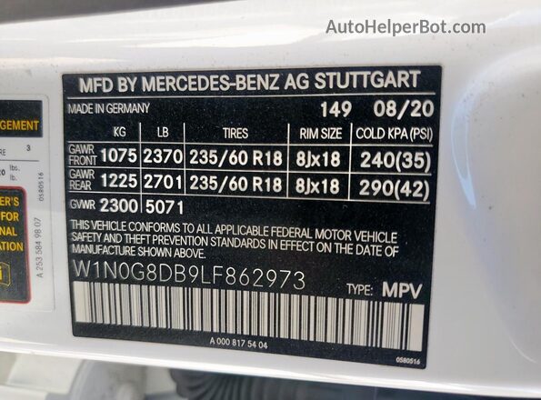 W1N0G8DB9LF862973 2020 MERCEDES-BENZ GLC-CLASS White Vista interior de 360 grados