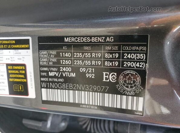 W1N0G8EB2NV329077 2022 MERCEDES-BENZ GLC-CLASS Gray Vista de la etiqueta del VIN