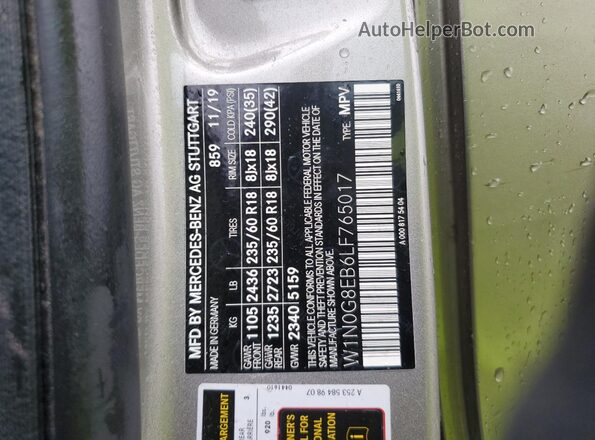 W1N0G8EB6LF765017 2020 MERCEDES-BENZ GLC-CLASS Gray Vista de la etiqueta del VIN
