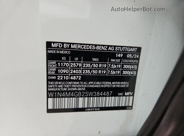 W1N4M4GB2SW384487 2025 MERCEDES-BENZ GLB-CLASS White VIN კოდის სტიკერის ხედი