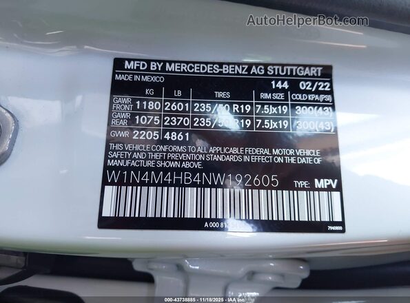 W1N4M4HB4NW192605 2022 MERCEDES-BENZ GLB-CLASS Белый Вид подкапотного пространства