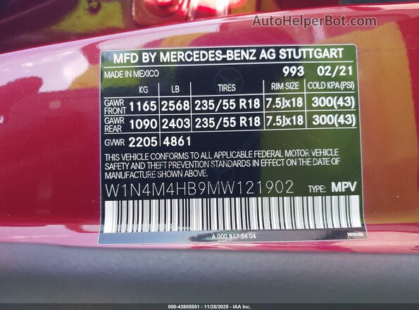 W1N4M4HB9MW121902 2021 MERCEDES-BENZ GLB-CLASS Красный Вид подкапотного пространства