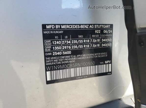W1N9M0CB5RN100550 2024 MERCEDES-BENZ EQB Серебряный Вид наклейки с VIN-кодом