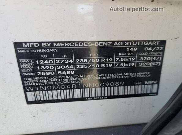 W1N9M0KB1NN009089 2022 MERCEDES-BENZ EQB White Vista interior de 360 grados