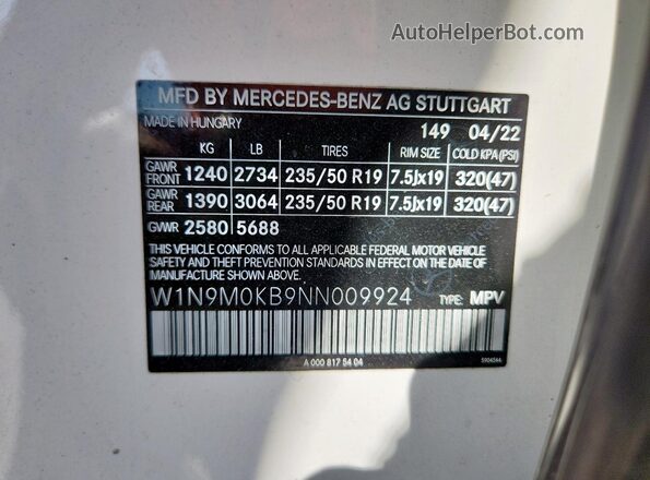W1N9M0KB9NN009924 2022 MERCEDES-BENZ EQB White Vista de la etiqueta del VIN