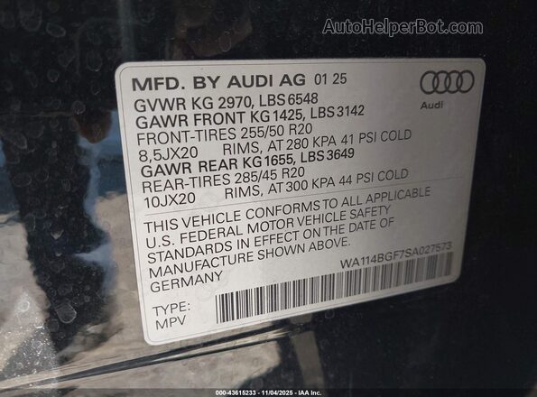 WA114BGF7SA027573 2025 AUDI Q6 E-TRON Black Engine compartment view
