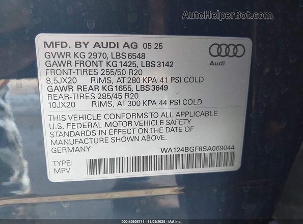 WA124BGF8SA069044 2025 AUDI Q6 E-TRON Blue Вид підкапотного простору