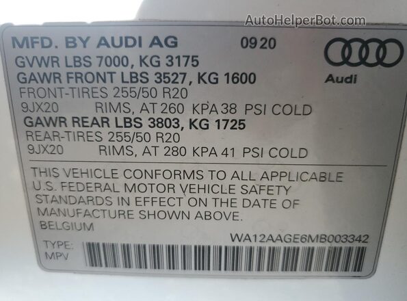 WA12AAGE6MB003342 2021 AUDI E-TRON Белый Вид наклейки с VIN-кодом