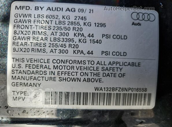 WA132BFZ6NP016558 2022 AUDI Q4 Black Vista de la etiqueta del VIN