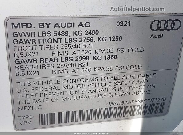 WA15AAFYXM2071278 2021 AUDI Q5 White Vista del compartimento del motor