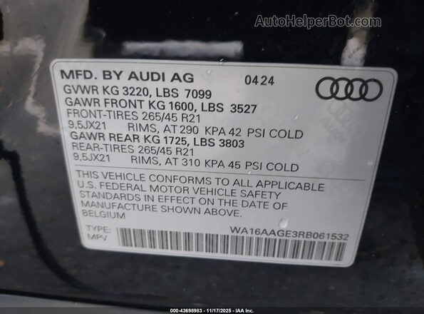 WA16AAGE3RB061532 2024 AUDI Q8 E-TRON Black Вид наклейки з VIN-кодом