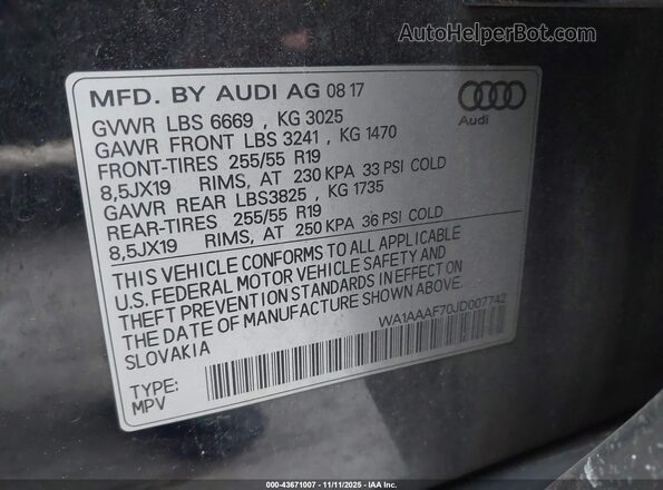 WA1AAAF70JD007742 2018 AUDI Q7 Black 