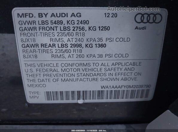 WA1AAAFY0M2038790 2021 AUDI Q5 Gray Շարժիչի բաժամունքի տեսք