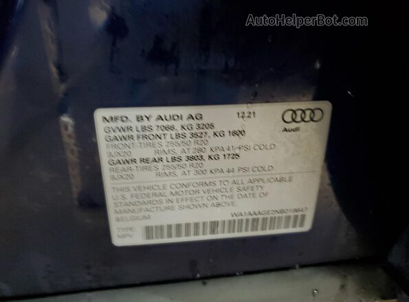 WA1AAAGE2NB019647 2022 AUDI E-TRON Синий Вид подкапотного пространства