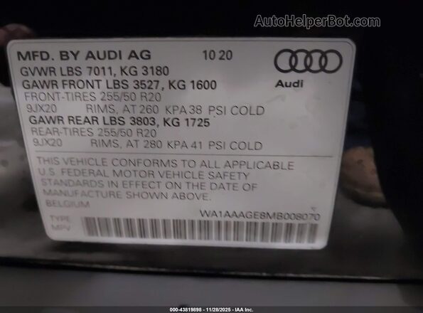 WA1AAAGE8MB008070 2021 AUDI E-TRON Black Вид підкапотного простору