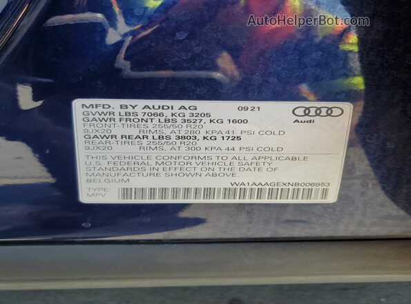 WA1AAAGEXNB006953 2022 AUDI E-TRON Blue სალონის 360-გრადუსიანი ხედი