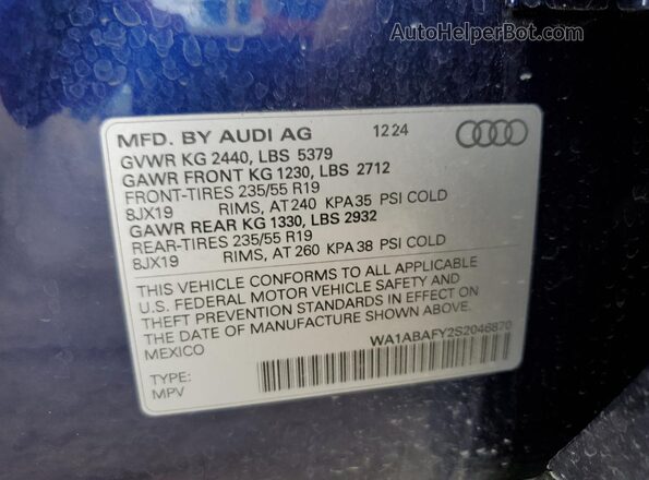 WA1ABAFY2S2046870 2025 AUDI Q5 Blue VIN კოდის სტიკერის ხედი