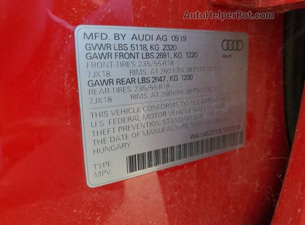 WA1AECF33L1022365 2020 AUDI Q3 Red Widok naklejki z numerem VIN