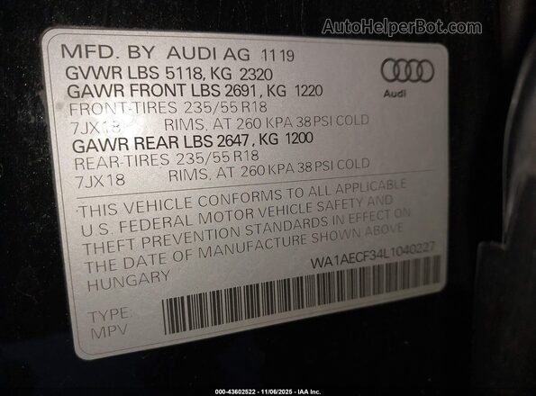 WA1AECF34L1040227 2020 AUDI Q3 Black Engine compartment view