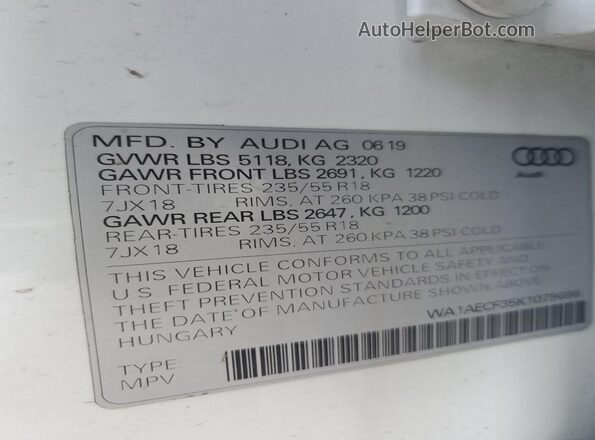 WA1AECF35K1079696 2019 AUDI Q3 White 