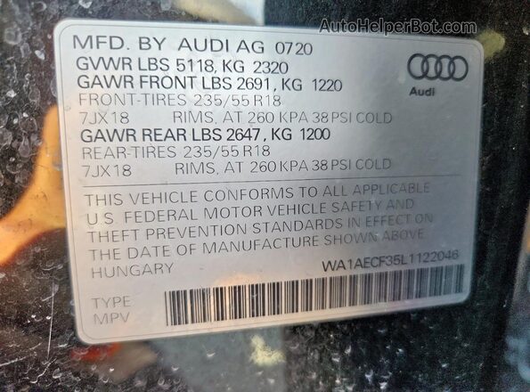 WA1AECF35L1122046 2020 AUDI Q3 Black Vista de la etiqueta del VIN