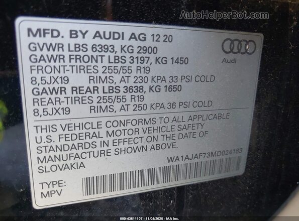 WA1AJAF73MD024183 2021 AUDI Q7 Black Вид підкапотного простору
