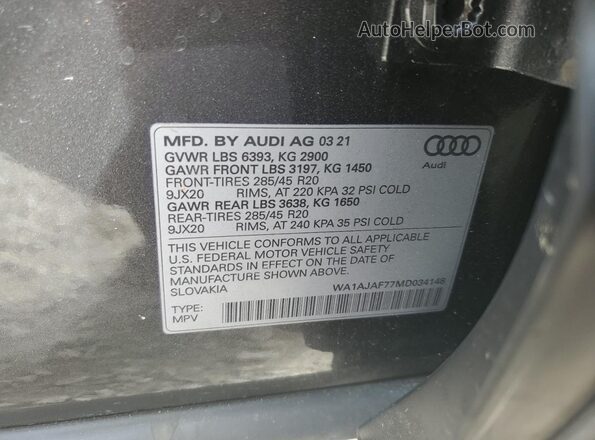 WA1AJAF77MD034148 2021 AUDI Q7 Gray Widok naklejki z numerem VIN