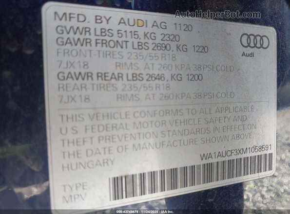 WA1AUCF3XM1058591 2021 AUDI Q3 Blue Engine compartment view