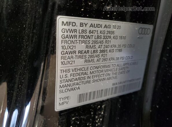 WA1AVAF11MD014655 2021 AUDI Q8 Black VIN sticker view