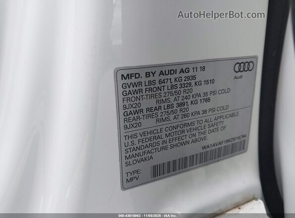 WA1AVAF19KD016764 2019 AUDI Q8 White ძრავის განყოფილების ხედი