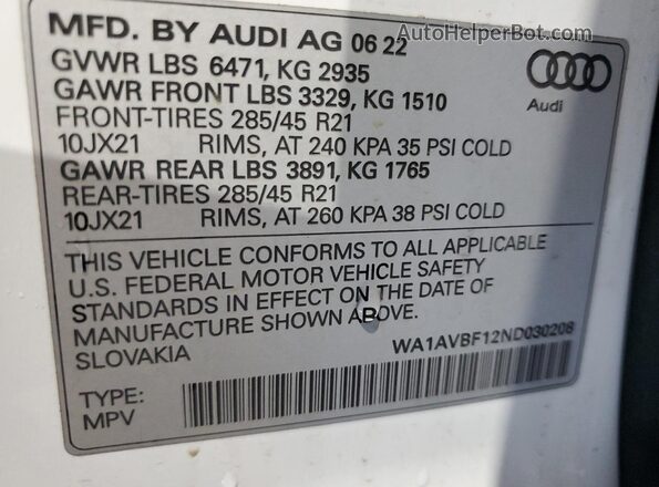 WA1AVBF12ND030208 2022 AUDI Q8 White Vista interior de 360 grados