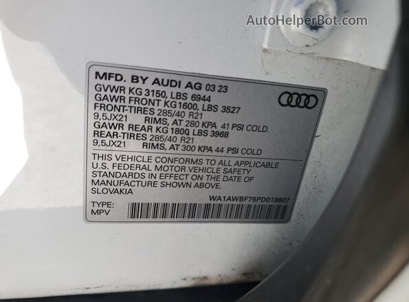 WA1AWBF75PD018607 2023 AUDI SQ7 White VIN კოდის სტიკერის ხედი