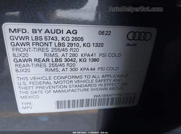 WA1B4AFY1N2135140 2022 AUDI SQ5 Gray Widok komory silnika