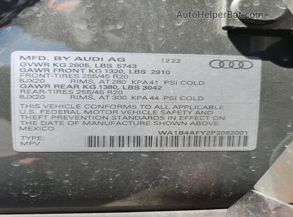 WA1B4AFY2P2082001 2023 AUDI SQ5 Gray VIN კოდის სტიკერის ხედი