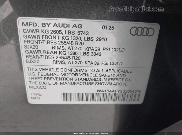 WA1B4AFY2S2054840 2025 AUDI SQ5 Gray Widok komory silnika
