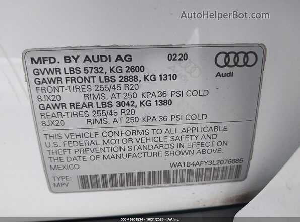 WA1B4AFY3L2076685 2020 AUDI SQ5 White Vista del compartimento del motor