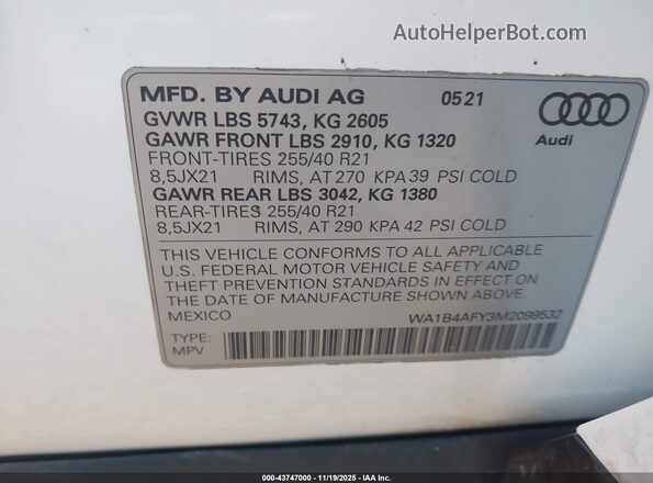 WA1B4AFY3M2099532 2021 AUDI SQ5 Белый Вид подкапотного пространства
