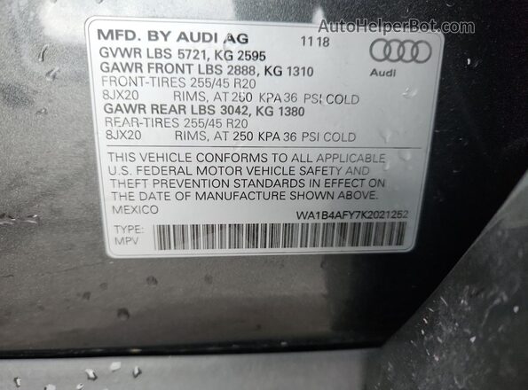 WA1B4AFY7K2021252 2019 AUDI SQ5 Gray VIN sticker view