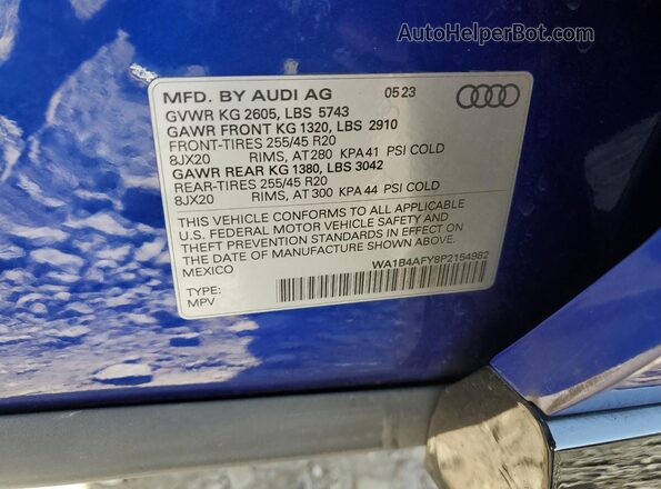 WA1B4AFY8P2154982 2023 AUDI SQ5 Blue VIN კოდის სტიკერის ხედი