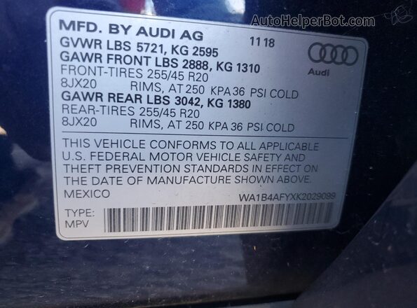 WA1B4AFYXK2029099 2019 AUDI SQ5 Blue VIN sticker view