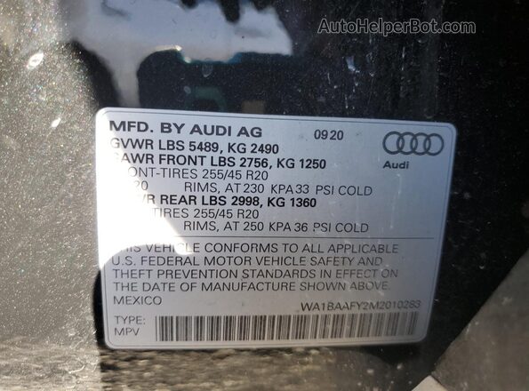 WA1BAAFY2M2010283 2021 AUDI Q5 Black VIN კოდის სტიკერის ხედი