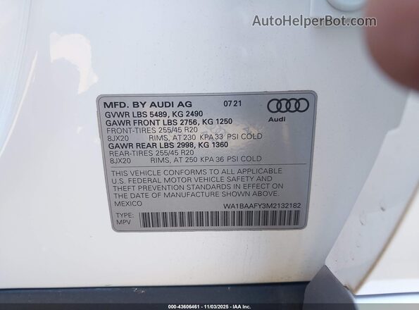 WA1BAAFY3M2132182 2021 AUDI Q5 White 