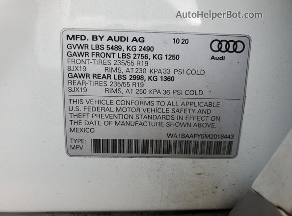 WA1BAAFY5M2018443 2021 AUDI Q5 White Widok wnętrza 360 stopni