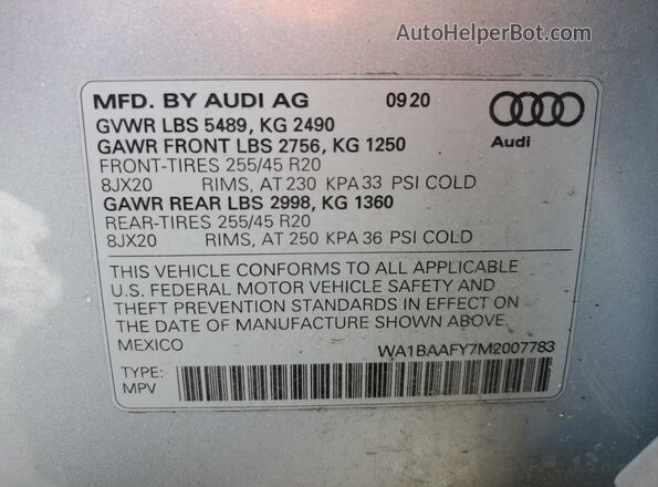 WA1BAAFY7M2007783 2021 AUDI Q5 Silver VIN კოდის სტიკერის ხედი