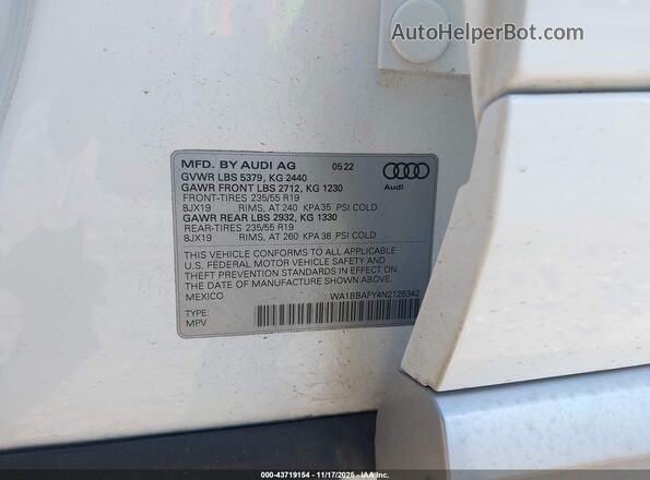 WA1BBAFY4N2126342 2022 AUDI Q5 White Շարժիչի բաժամունքի տեսք