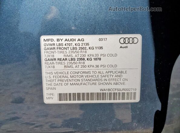 WA1BCCFS0JR002719 2018 AUDI Q3 Blue VIN կոդի պիտակի տեսք
